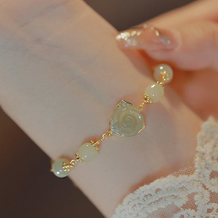 Buddha Stones14K ゴールドメッキ 和田翡翠 ローズフラワー 幸運のチェーンブレスレット