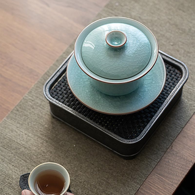 Buddha Stonesレトログリーンアイスグレーズセラミック蓋碗三彩ティーカップカンフーティーカップとソーサー蓋付き