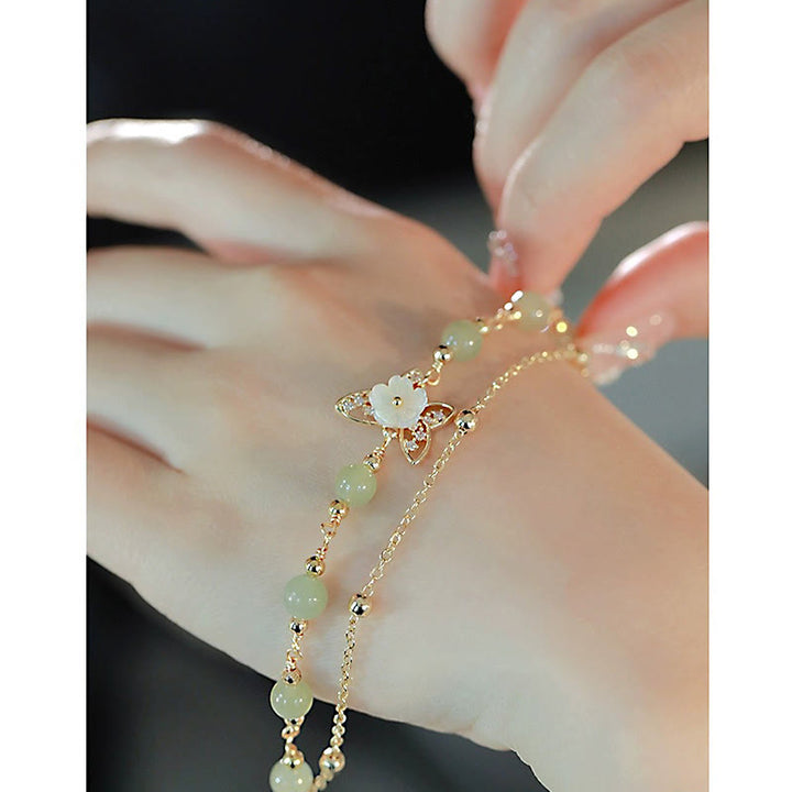 Buddha Stones 14K金メッキ 翡翠＆シャコガイ バタフライモチーフ 2連幸運ブレスレット