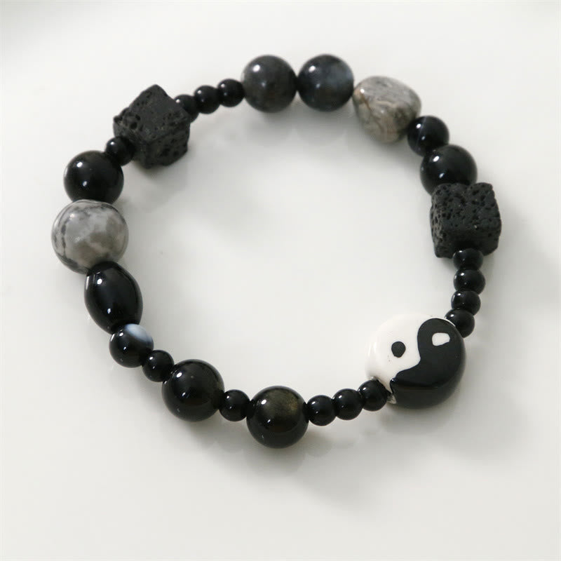 Buddha Stonesブラックオニキス ピカソジャスパービーズ 陰陽幸運繁栄守護ブレスレット