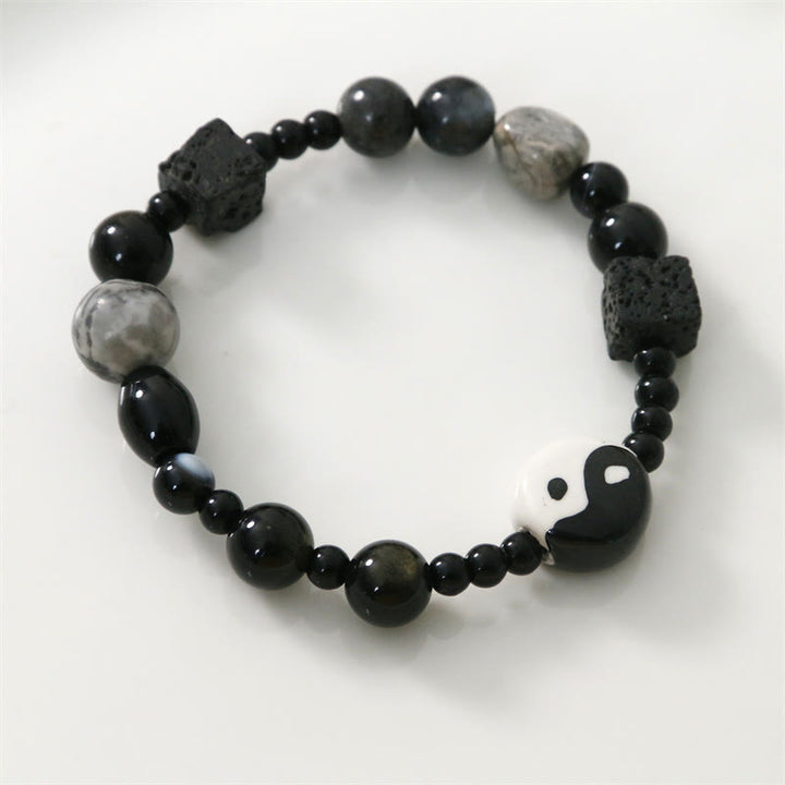 Buddha Stonesブラックオニキス ピカソジャスパービーズ 陰陽幸運繁栄守護ブレスレット