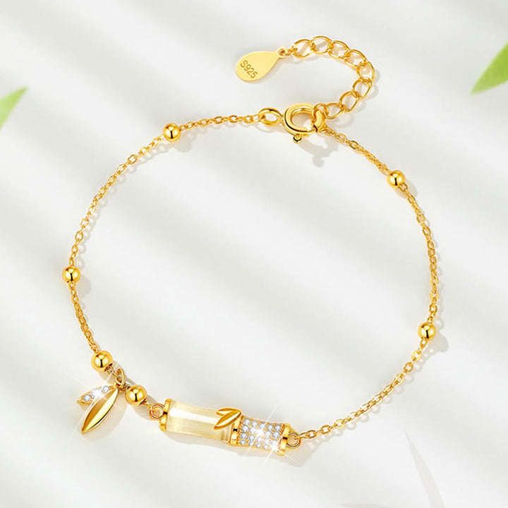 Buddha Stones 925スターリングシルバー 18Kゴールドメッキ ホワイトジェイド 竹 ジルコン リーフ 幸運ブレスレット