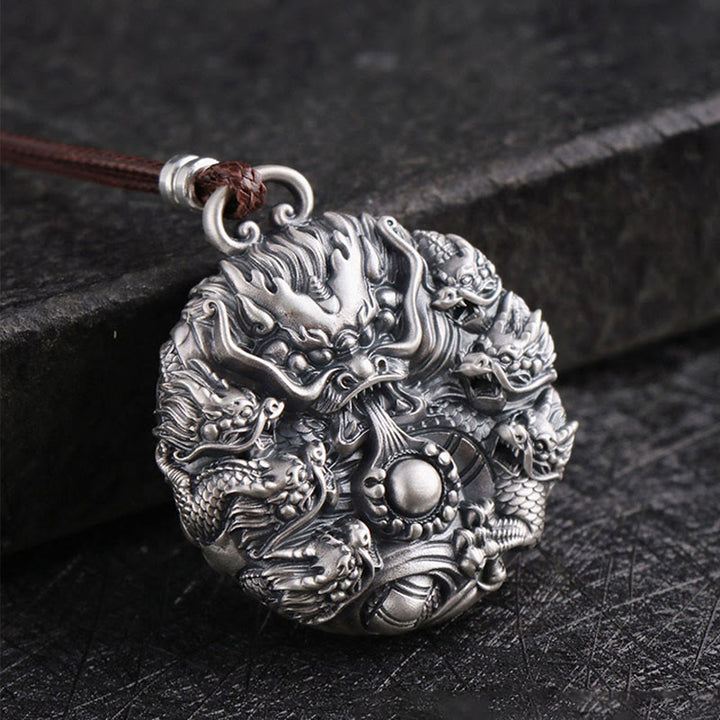Buddha Stones999スターリングシルバー 九龍が真珠と戯れる 幸運の守護ネックレスペンダント