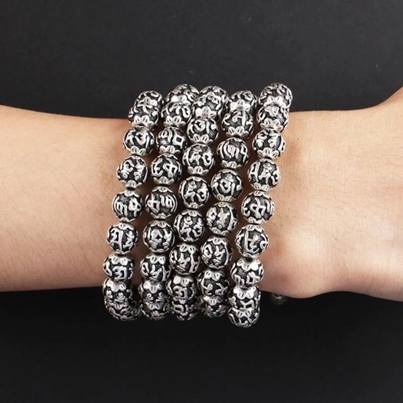 Buddha StonesチベットOm Mani Padme Hum彫刻 合金ビーズ お守り ブレスレット