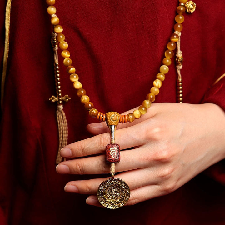Buddha Stones 108Mala天然タイガーアイ 銅製 ドルジェ 守護 タッセルブレスレット