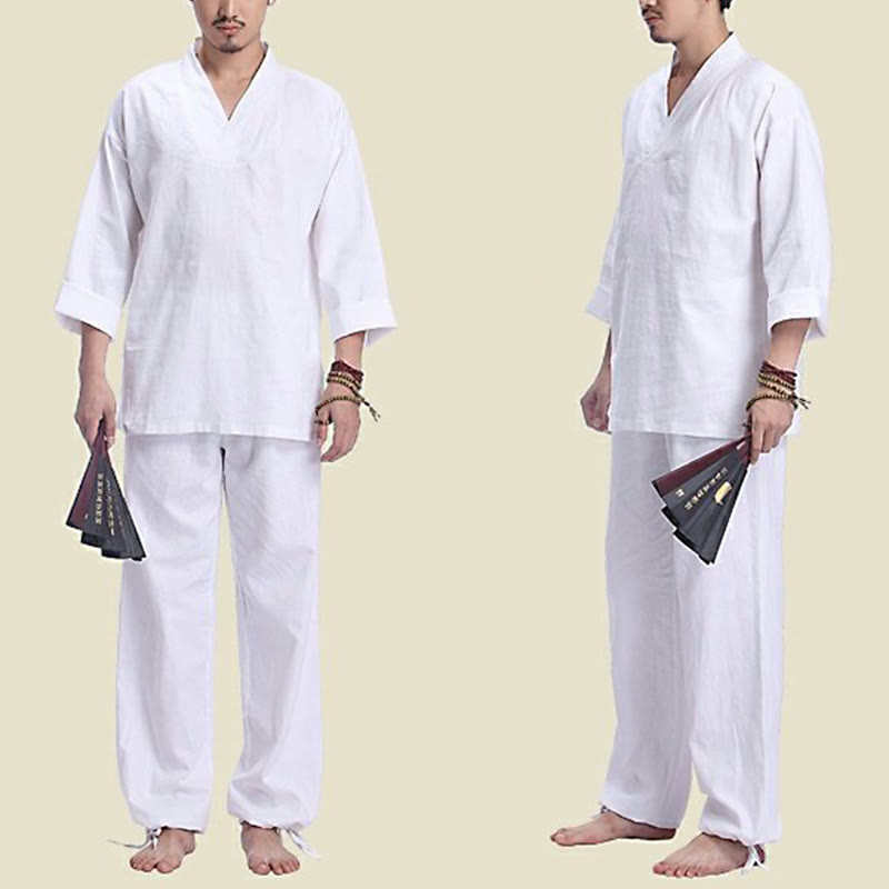 Buddha Stones瞑想祈りVネックデザインコットンリネンスピリチュアル禅練習ヨガウェアメンズセット - image 15
