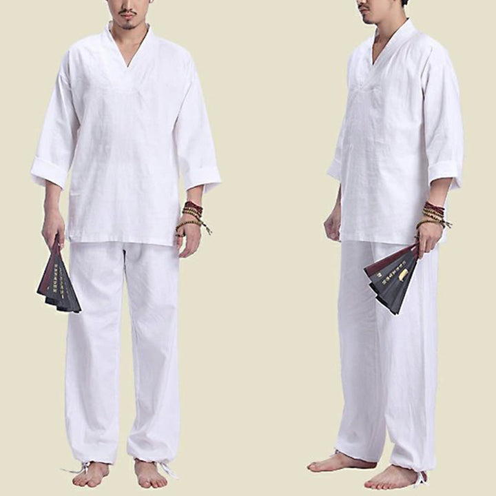 Buddha Stones瞑想祈りVネックデザインコットンリネンスピリチュアル禅練習ヨガウェアメンズセット - image 15