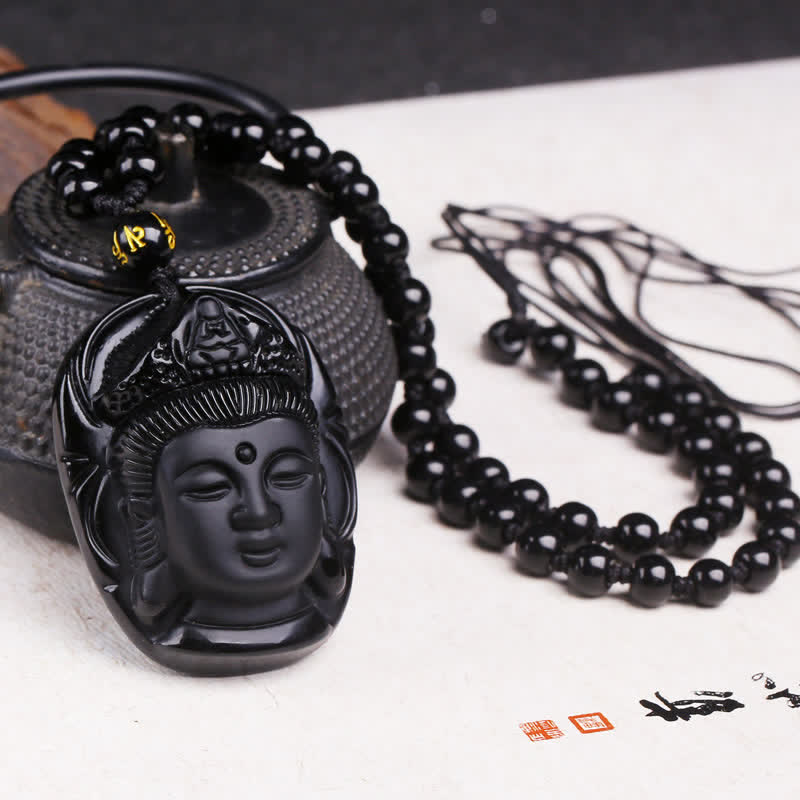 Buddha Stones天然黒曜石 観音菩薩 強さの紐ネックレスペンダント - ブラックオブシディアン（浄化♥変容） - image 1