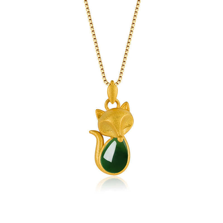 Buddha Stonesグリーンカルセドニーキツネ柄勇気ネックレスペンダント