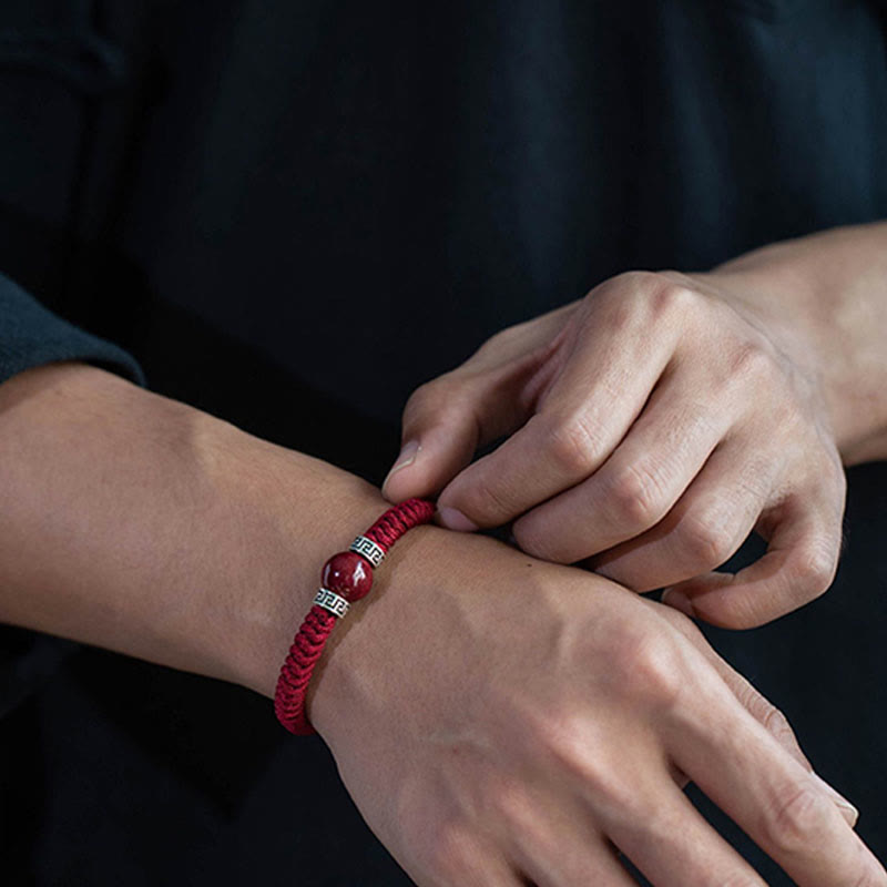 Buddha Stones 925スターリングシルバー 天然辰砂ビーズ 落ち着いたハンドメイド編み紐ブレスレット