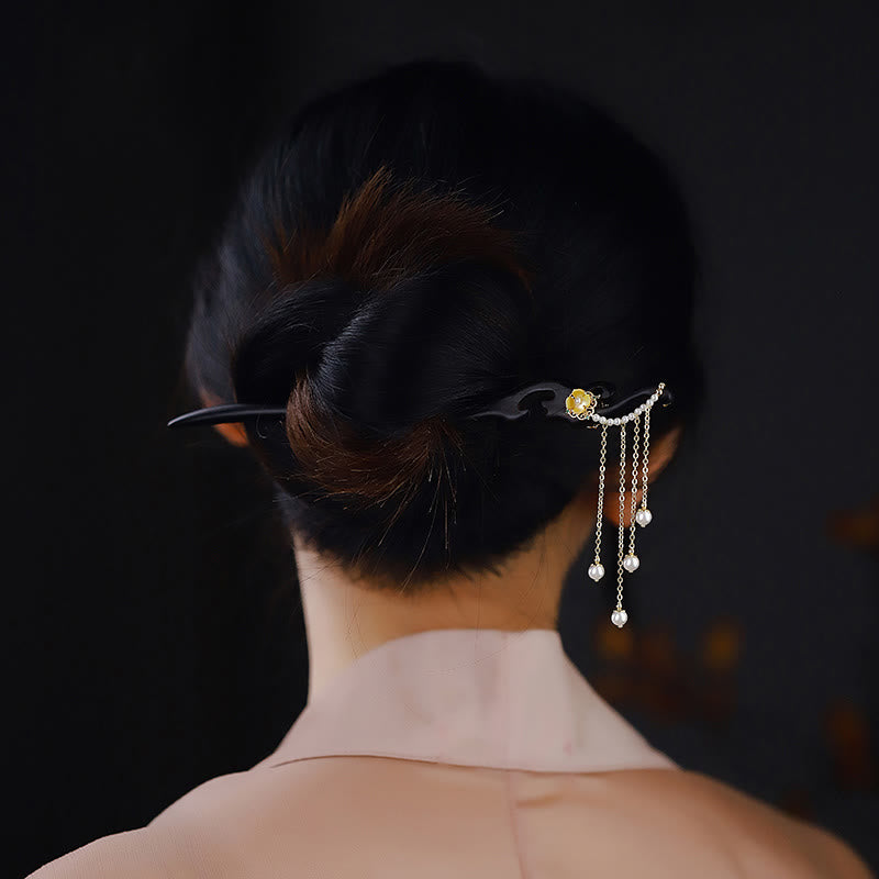 Buddha Stones、黒檀、黄色の花、真珠のタッセル、ヘアピン