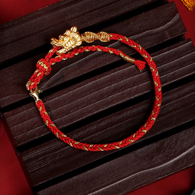 Buddha Stones 999スターリングシルバー ハンドクラフト ドラゴン 幸運 8スレッドノット赤紐編み込みブレスレット