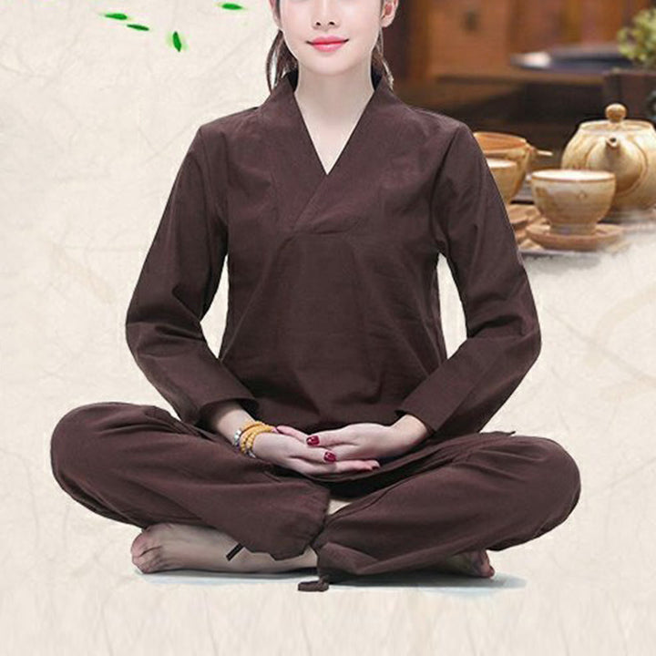 Buddha Stones禅 練習 ヨガ 瞑想 祈り Vネックデザイン ユニフォーム コットンリネン 服 レディース セット - image 14