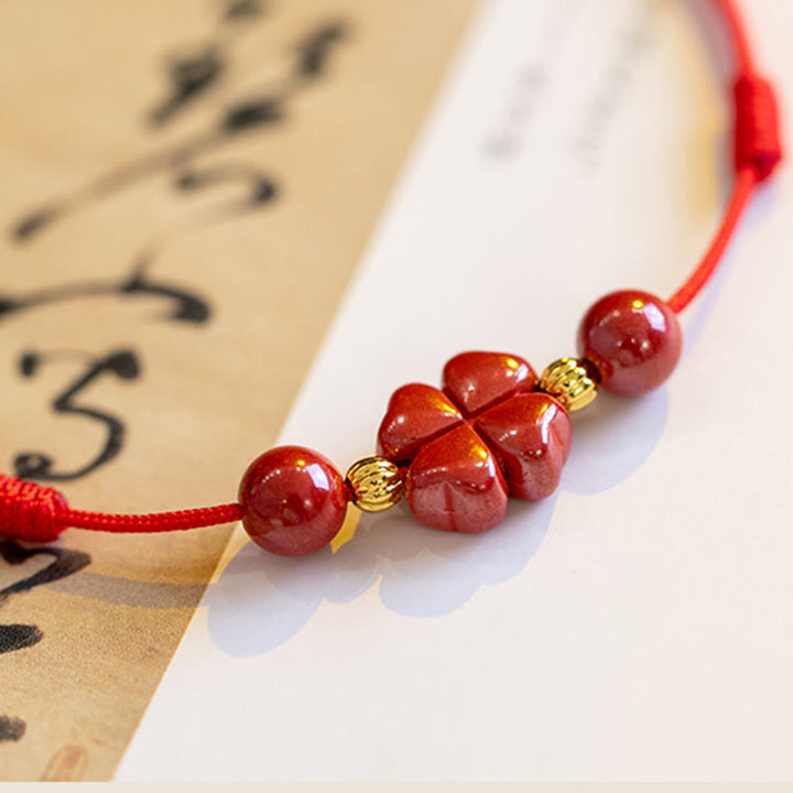 Buddha Stones四つ葉のクローバー 辰砂 祝福 静寂 紐 ブレスレット アンクレット