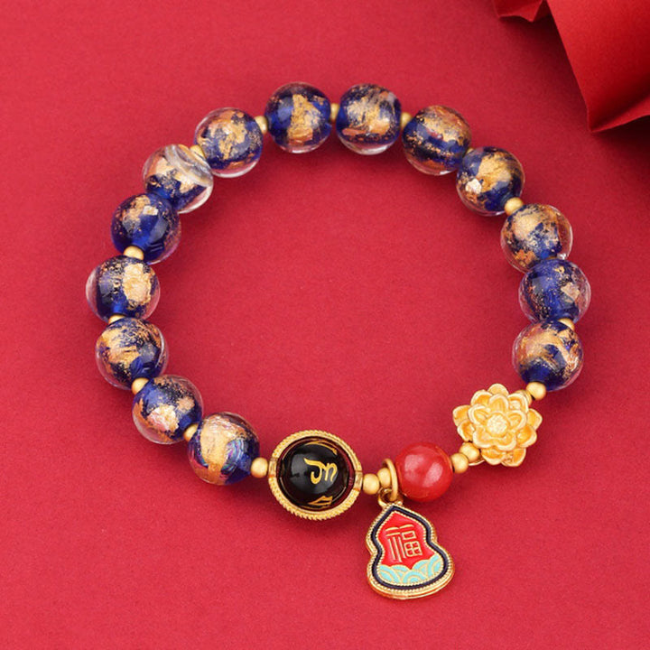 チベットのBuddha Stones、オーム・マニ・パドメ・フムフムフーのキャラクターひょうたんチャーム、蓮華座のガラスビーズ、幸運ブレスレット