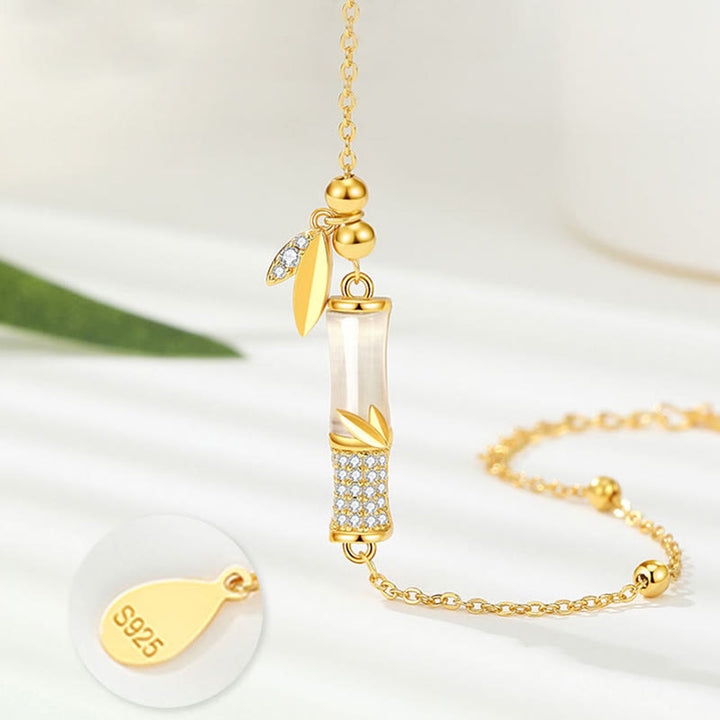 Buddha Stones 925スターリングシルバー 18Kゴールドメッキ ホワイトジェイド 竹 ジルコン リーフ 幸運ブレスレット