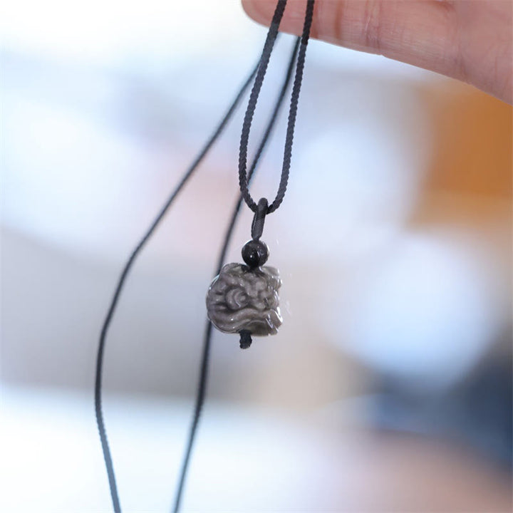 Buddha Stones天然銀光沢黒曜石踊るライオン守護ネックレスペンダント