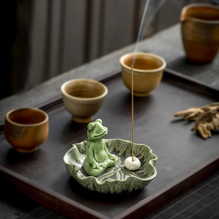 Buddha Stones葉 瞑想 カエル柄 癒し 陶器 香炉 装飾