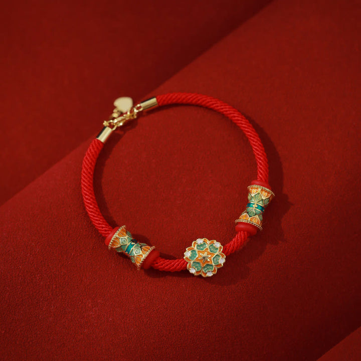 Buddha Stones敦煌 925 スターリングシルバー 蓮鼓 新たな始まり 赤いロープブレスレット