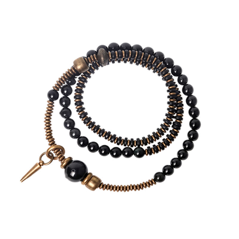Buddha Stonesレインボーオブシディアン 黒檀 木 銅 ヒーリング トリプルラップブレスレット