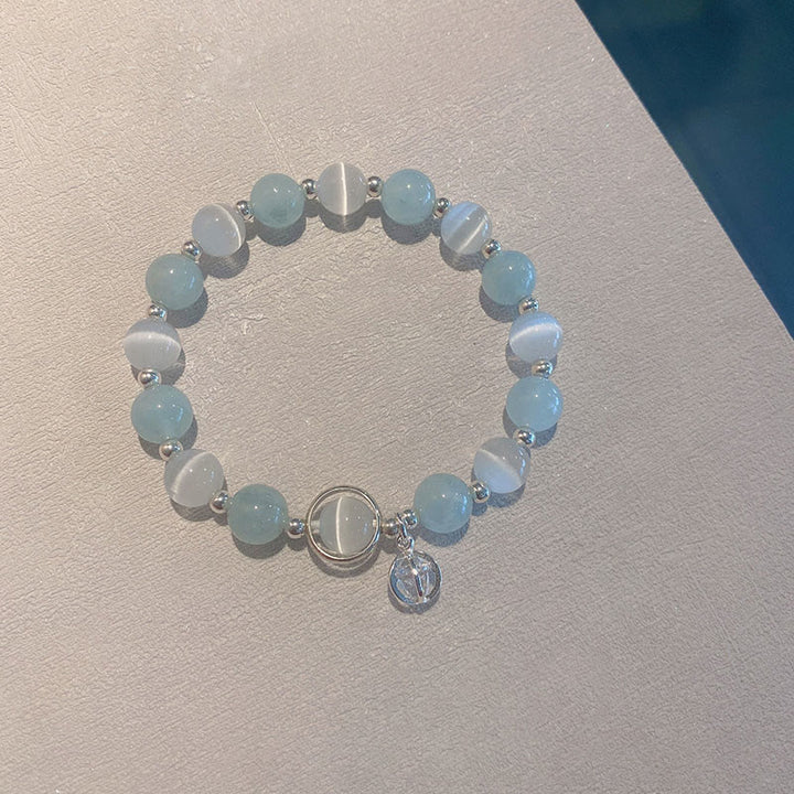 Buddha Stones 925スターリングシルバー キャッツアイ アクアマリン サポートチャームブレスレット