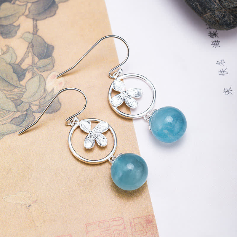Buddha Stones 925スターリングシルバー 天然アクアマリン リーフフラワー ピース イヤリング ネックレス