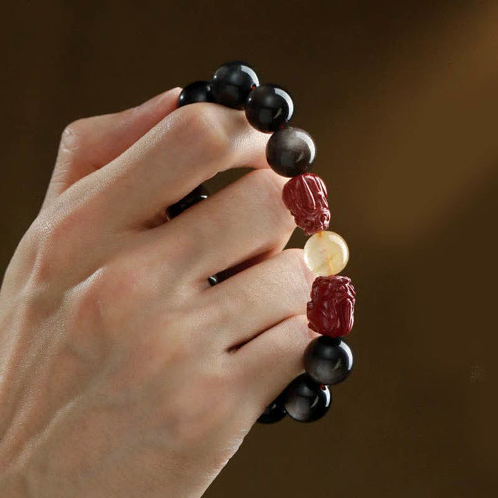 Buddha Stones金彩 黒曜石 貔貅 辰砂オーム・マニ・パドメ・フム守護ブレスレット