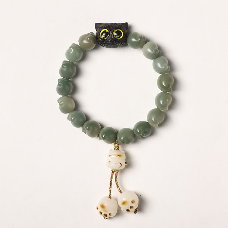 Buddha Stones天然菩提樹 愛らしい足跡黒檀招き猫 知恵のブレスレット - グリーンボディシード - タッセルバージョン（手首周り14～15cm） - image 15
