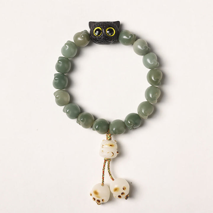 Buddha Stones天然菩提樹 愛らしい足跡黒檀招き猫 知恵のブレスレット - グリーンボディシード - タッセルバージョン（手首周り14～15cm） - image 15