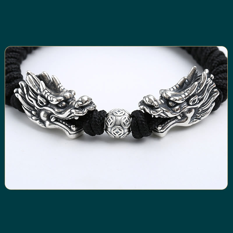Buddha Stones999 スターリングシルバー ダブルドラゴン 幸運 ハンドメイド 編み込みブレスレット
