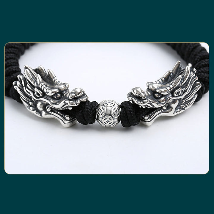 Buddha Stones999 スターリングシルバー ダブルドラゴン 幸運 ハンドメイド 編み込みブレスレット