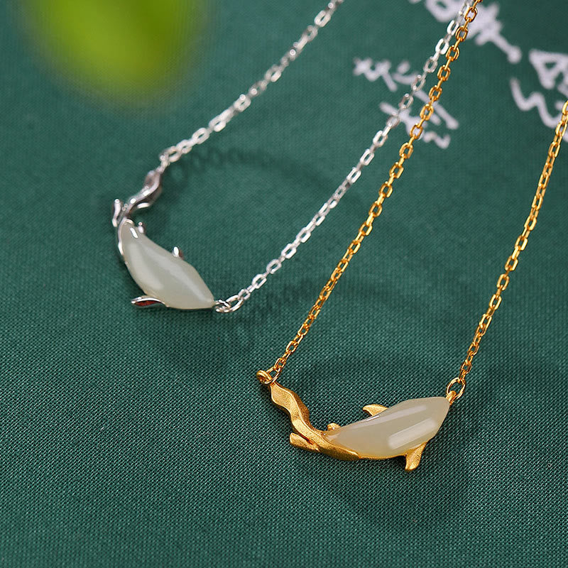 Buddha Stones925スターリングシルバー ホワイトジェイド ドルフィン 幸運のネックレスペンダント