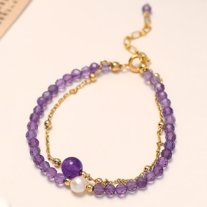 Buddha Stones14Kゴールドメッキ アメジストクリスタル ヒーリング ダブルレイヤーチェーンブレスレット