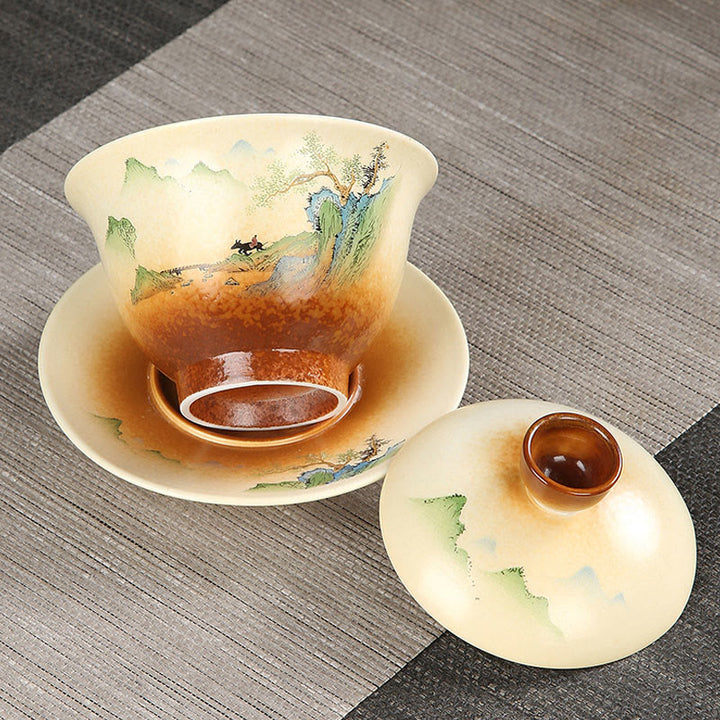 Buddha Stones山の風景 田舎 陶器 蓋碗 三彩 ティーカップ カンフー ティーカップ ソーサー 蓋付き