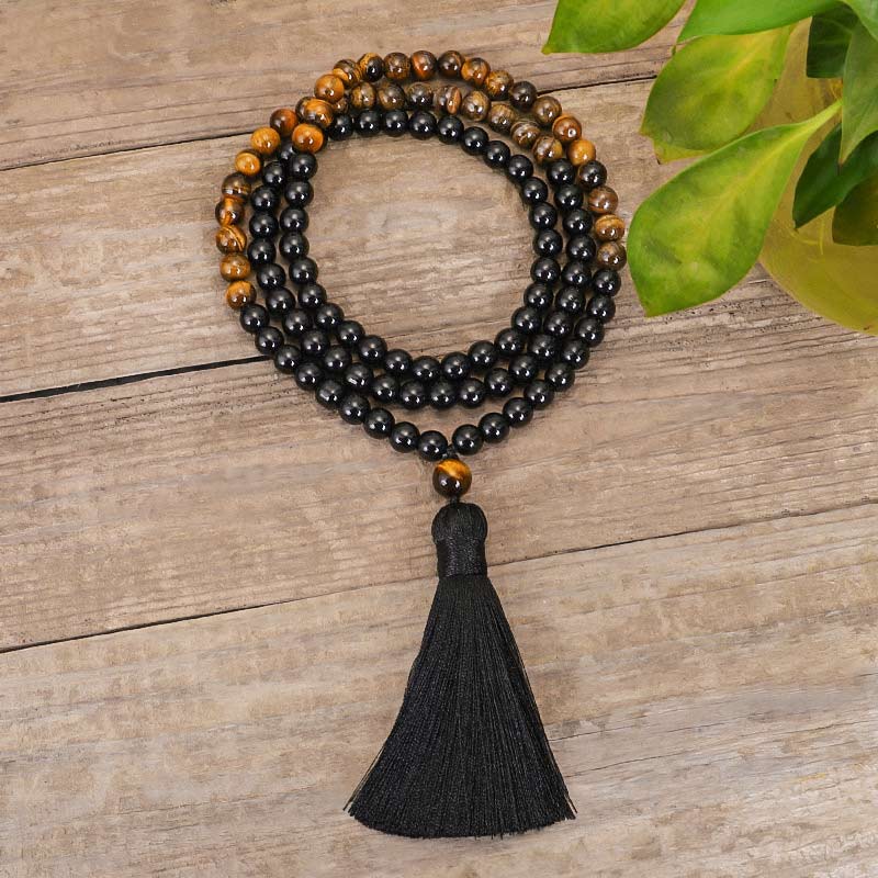 Buddha Stonesチベット黒オニキスタイガーアイ保護ネックレスMalaセット