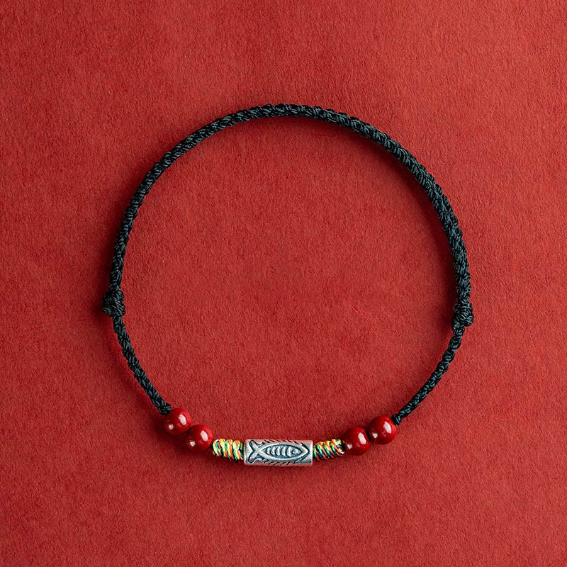 Buddha Stones 925スターリングシルバー 鯉 辰砂 ビーズ 富 手作り 編み込み ブレスレット アンクレット