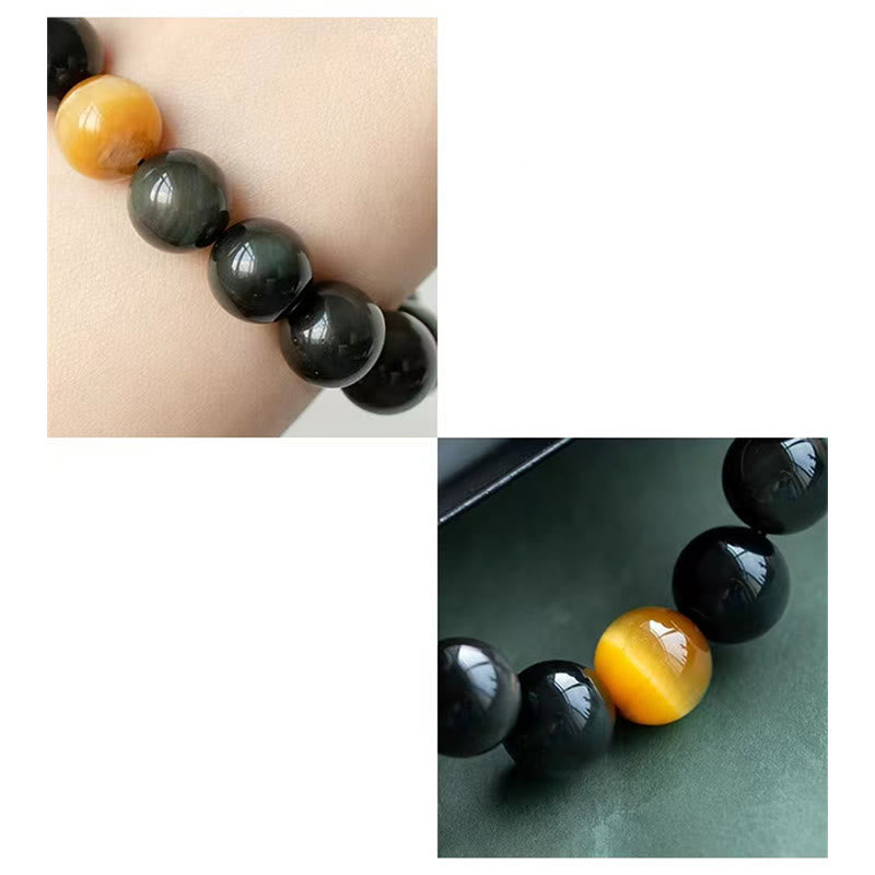Buddha Stones天然レインボーオブシディアン タイガーアイ ポジティブラブブレスレット