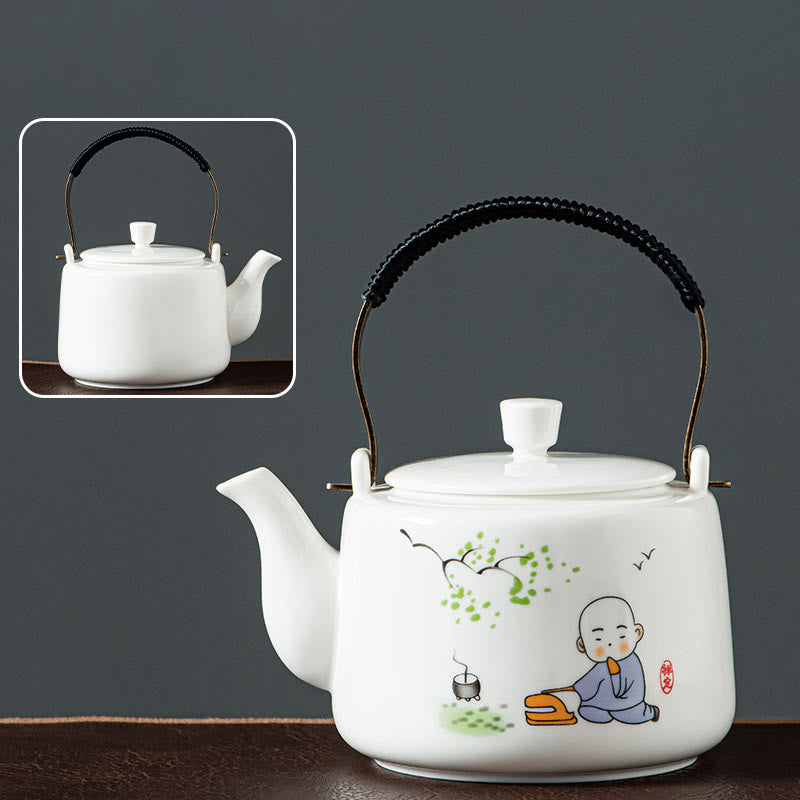 Buddha Stonesヴィンテージ ドラゴン 山 漁師 風景 白磁 陶器 カンフー ティーポット