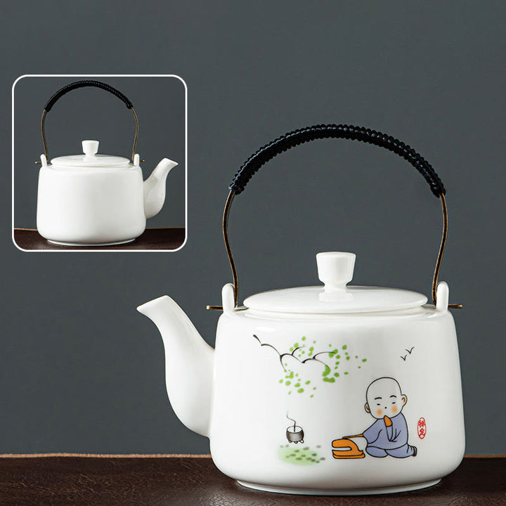 Buddha Stonesヴィンテージ ドラゴン 山 漁師 風景 白磁 陶器 カンフー ティーポット