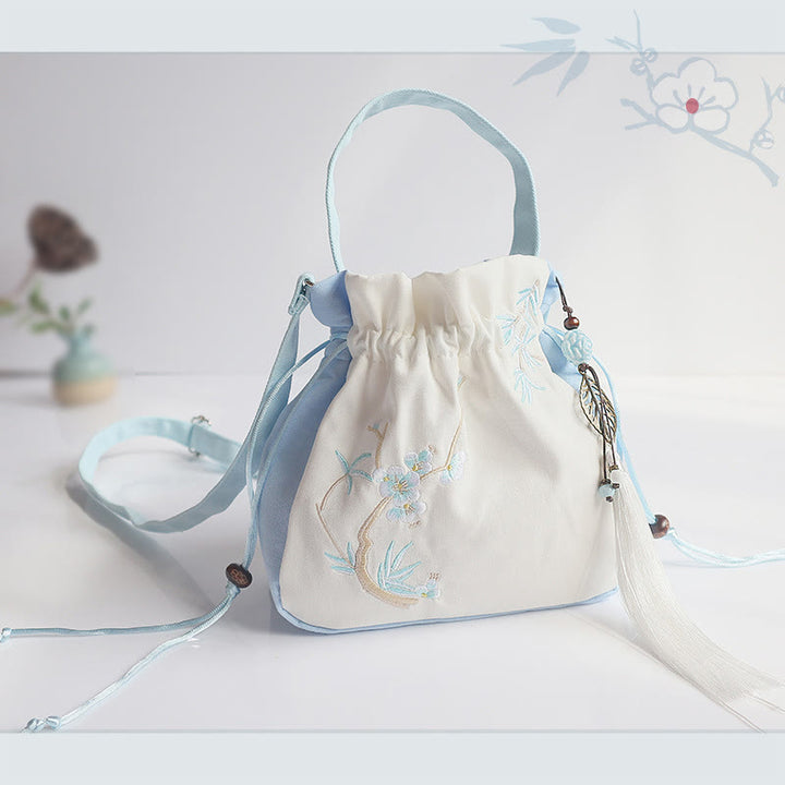 Buddha Stonesハンドメイド刺繍花キャンバストートショルダーバッグハンドバッグ - ライトブルーとホワイトの花 20×20cm - image 27