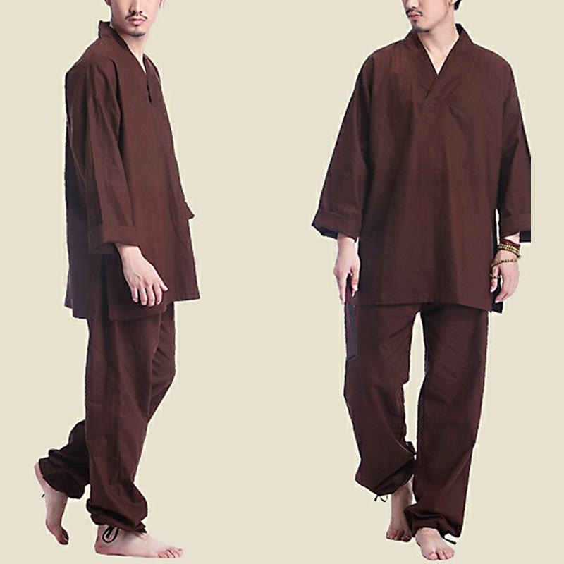 Buddha Stones瞑想祈りVネックデザインコットンリネンスピリチュアル禅練習ヨガウェアメンズセット - image 9