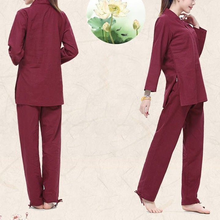 Buddha Stones禅 練習 ヨガ 瞑想 祈り Vネックデザイン ユニフォーム コットンリネン 服 レディース セット - image 2