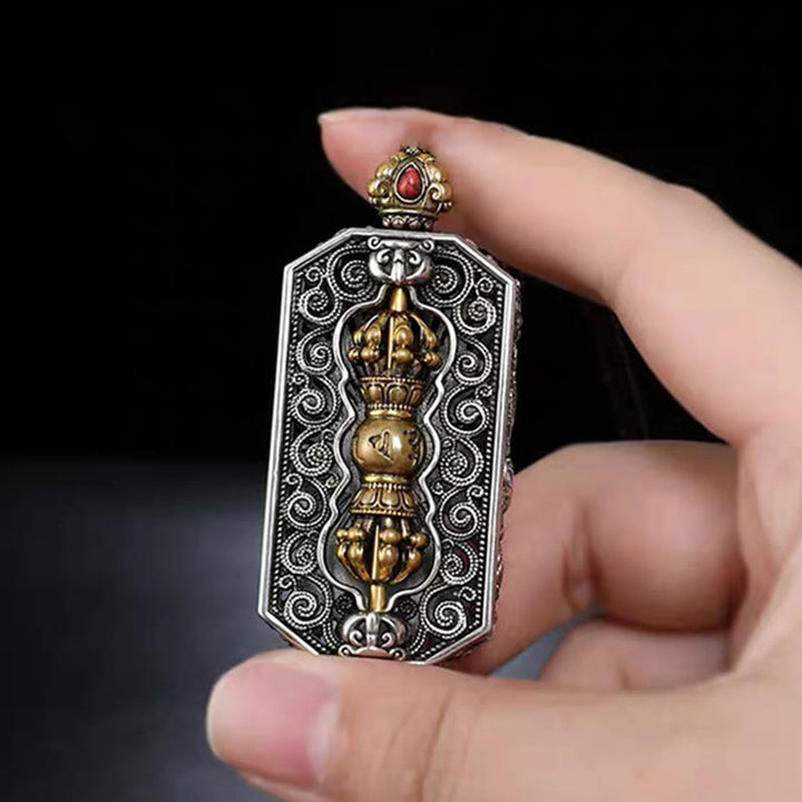 Buddha Stones チベット彫刻 回転式ドルジェ（ヴァジュラ） Om Mani Padme Hum入り 蓮模様 清浄ペンダント ネックレス