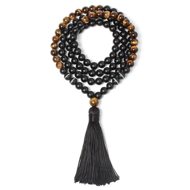 Buddha Stonesブラックオニキス タイガーアイ フォーチュンブレスレット タッセルネックレス ペンダント