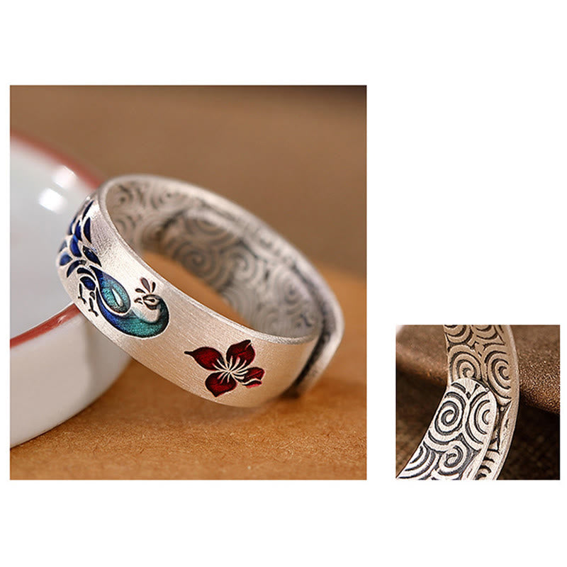 Buddha Stones999 スターリングシルバー 孔雀 縁起の良い雲 彫刻 蓮の花幸運繁栄の指輪
