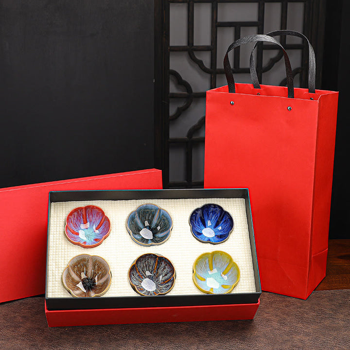 Buddha Stones6個 梅の花びら模様 中国 Jianzhan 窯変 陶器 ティーカップ カンフー ティーカップ ボウル ギフトボックス付き