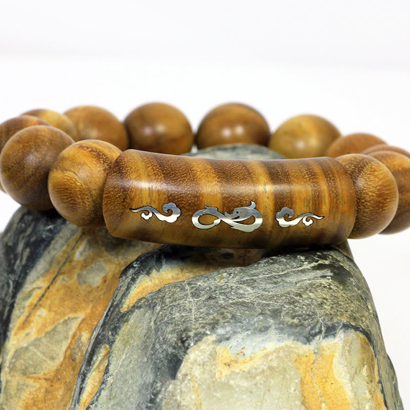 Buddha Stones999 スターリングシルバー グリーンサンダルウッドオーム・マニ・パドメ・フムドラゴンフェニックス ダルマチャクラ象嵌 平和ブレスレット