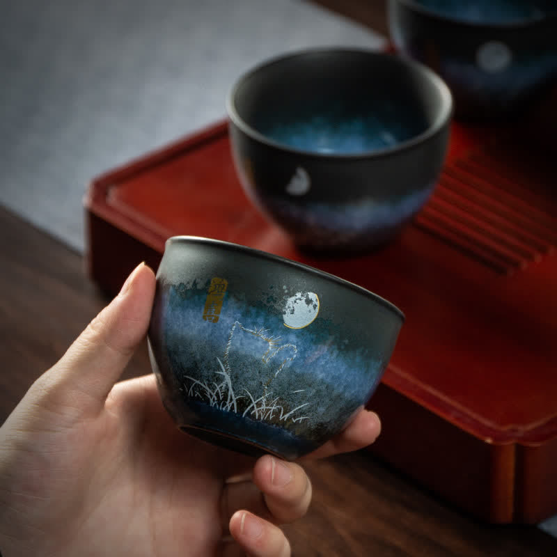 Buddha Stones陶器ティーカップ 愛らしい猫 ブラックティーカップ 140ml