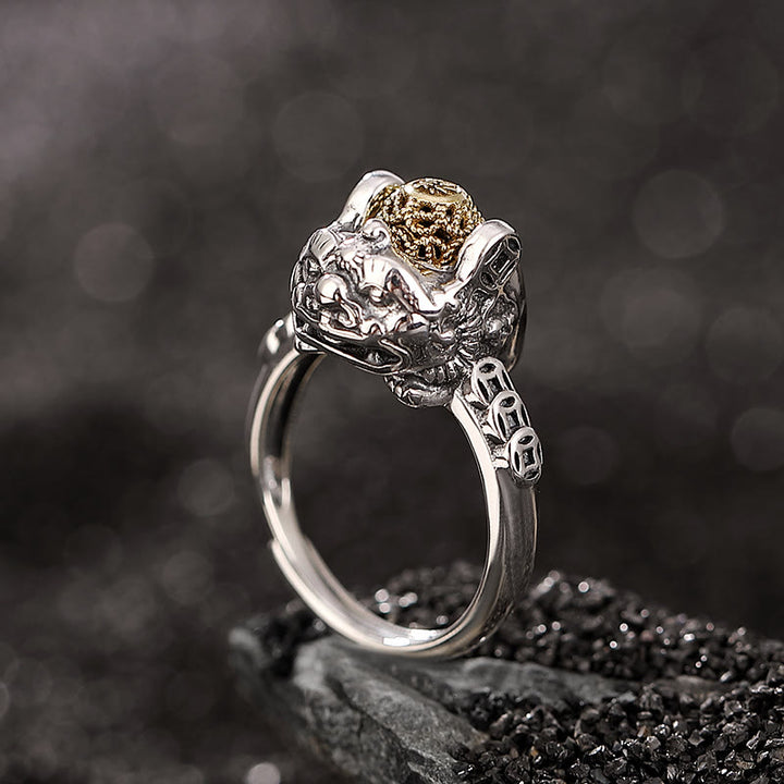 Buddha Stones925 スターリングシルバー 貔貅 銅貨 富 調節可能リング