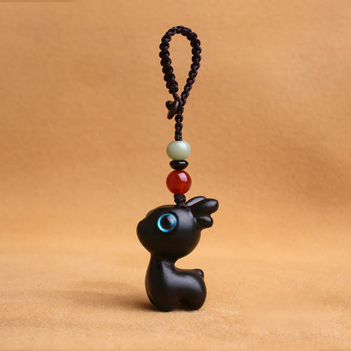 Buddha Stones白檀の小葉 紫檀 黒檀 緑檀 幸運のミニ鹿彫刻 守護キーチェーン 携帯電話吊り下げ装飾